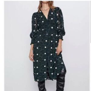NWT Zara Textured Polka Dot Dress Green Cream Button Front Long Sleeve Boho